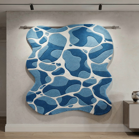 Aqua Caustic Rug in blue cobalt and olive - hand-tufted NZ wool irregular rug for living room bedroom