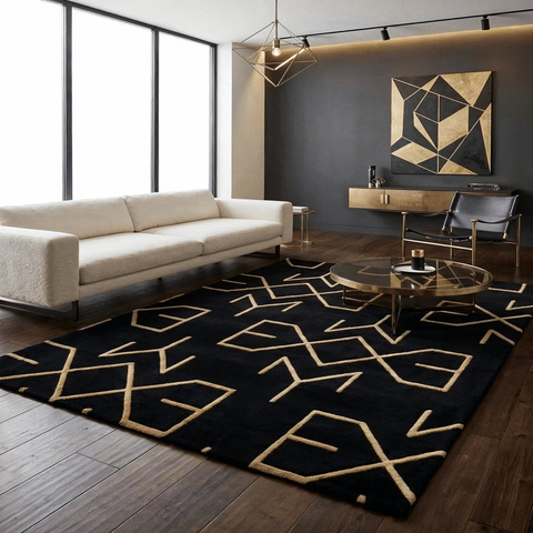 Aurum geometric rug in black charcoal and grey - hand-tufted NZ wool designer rug for modern living room
