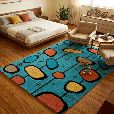 Atomic Orbit Rug in black caramel and white - hand-tufted abstract wool rug with orbital mid-century design