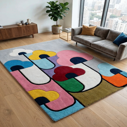 Bloomscape modern rug in cream navy and sand - hand-tufted floral inspired wool rug for living room