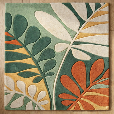 Botanical modern rug in beige caramel and cream - hand-tufted NZ wool rug with nature inspired design