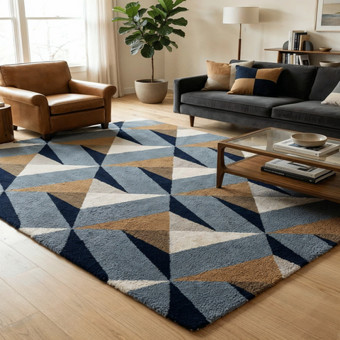 Facet geometric rug in grey navy and rust - hand-tufted NZ wool rug with sharp angular gemstone inspired design