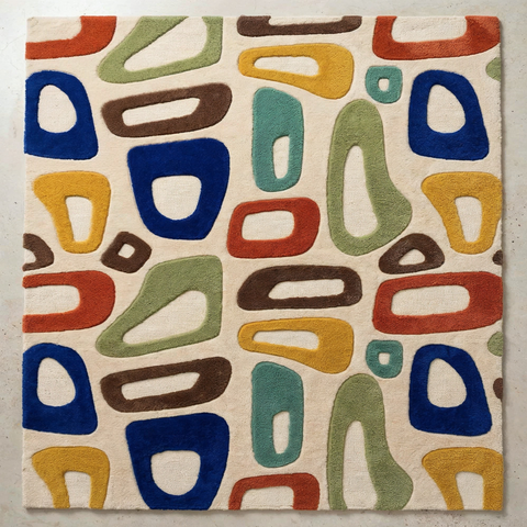Atomic Rug in caramel cream and white - hand-tufted abstract wool rug with mid-century atomic pattern