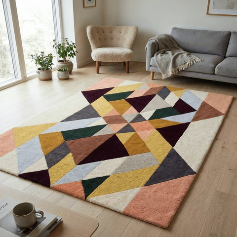 Fused Rug - Hand-tufted geometric rug in charcoal, maroon, and tan - ThePieCraft