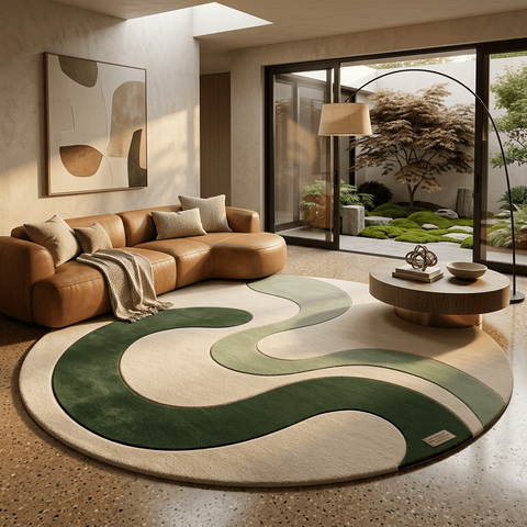 Zenith Rug - hand-tufted round wool and silk rug in cream, green, olive and sand tones