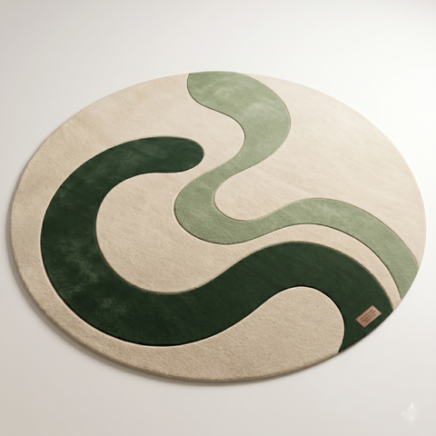 Zenith Rug - hand-tufted round wool and silk rug in cream, green, olive and sand tones