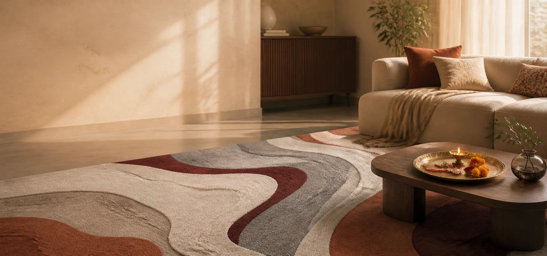 Unique Raksha Bandhan gift for a sister: a handmade wool rug in an elegant Indian home