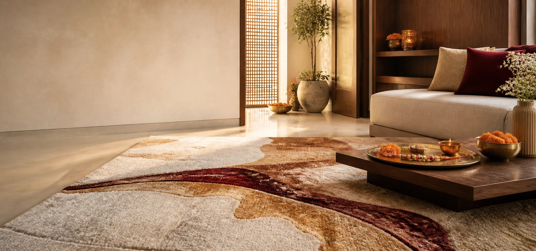 Hand-tufted wool rug styled for an elegant Raksha Bandhan celebration
