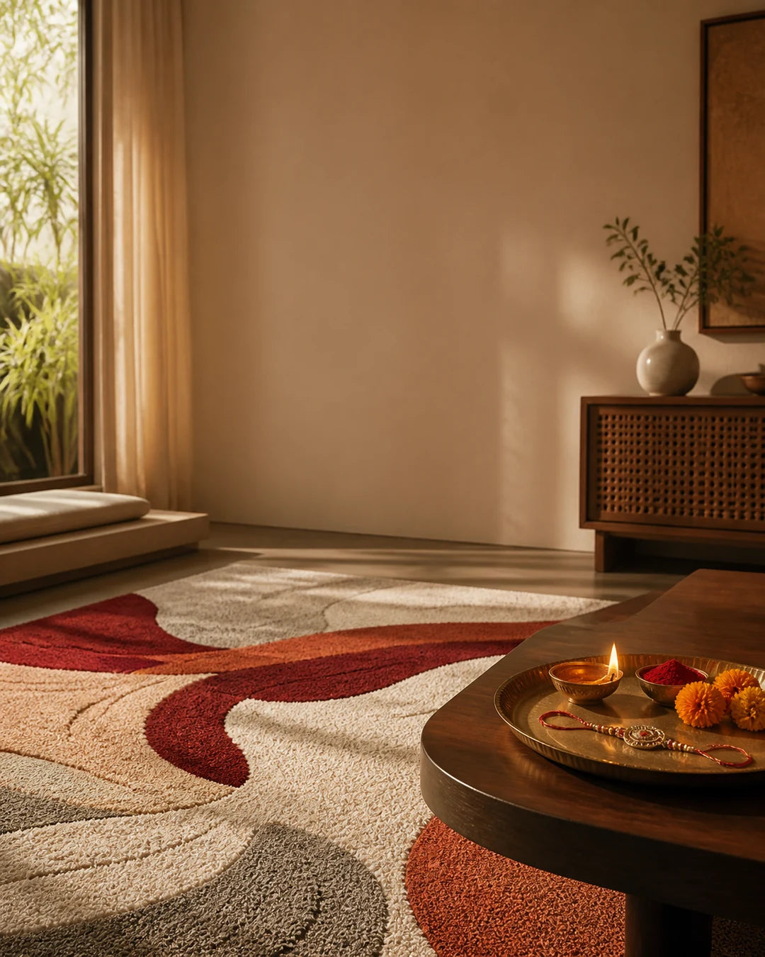 Unique Raksha Bandhan gift for a sister: a handmade wool rug in an elegant Indian home