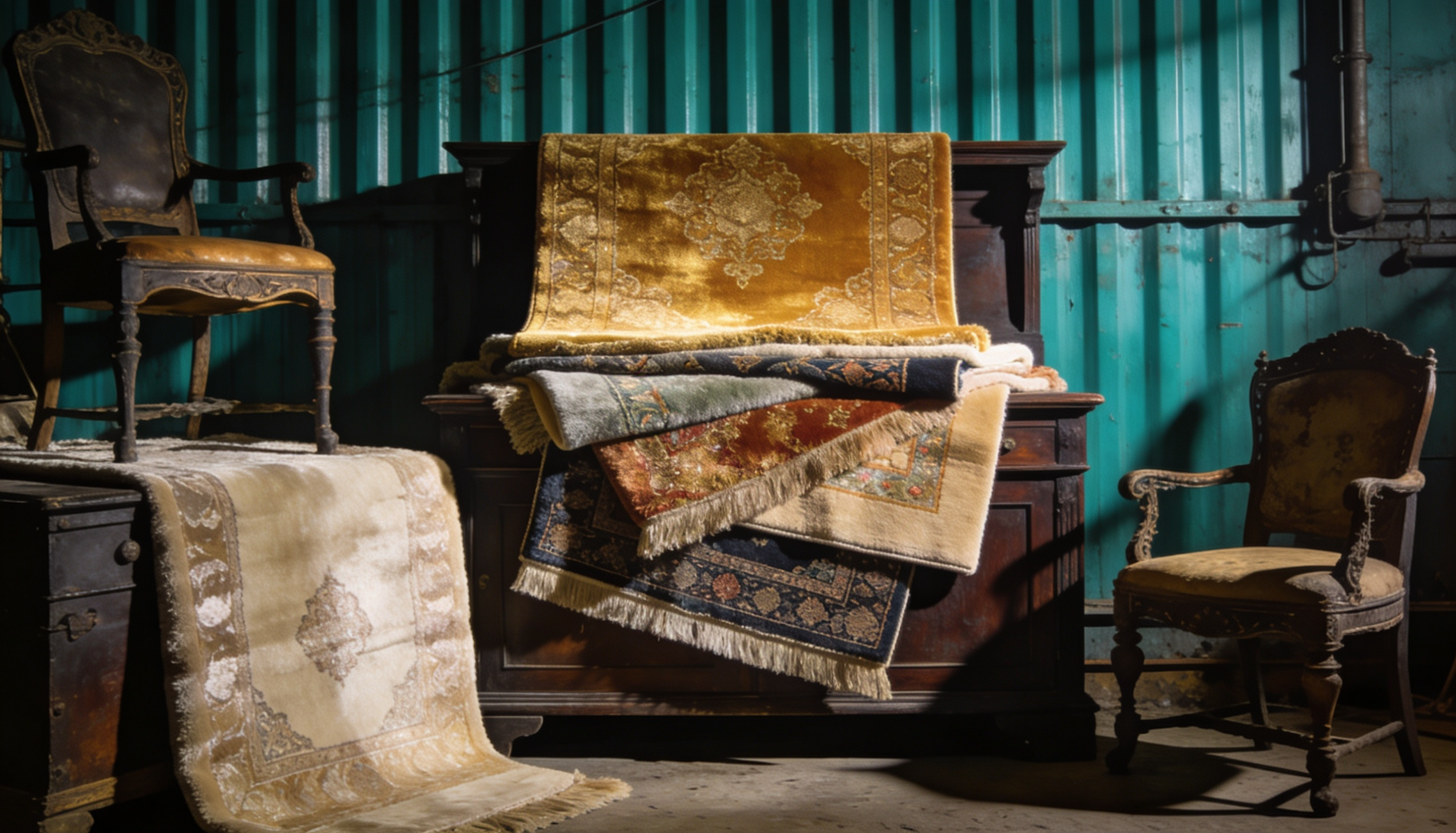 Heritage rug draped over an ancient tree in an orchard
